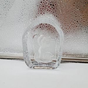 Angel Playing Harp Clear Etched Glass Paperweight